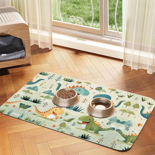 Saugfähige Futtermatte für Hunde, Katzen, 40 x 60 cm, Dinosaurier-Druck, schnell trocknendes Futter-Pad/Leder-Tischset, für Hunde, Katzen, Futternapf, Wasser von LiuMng