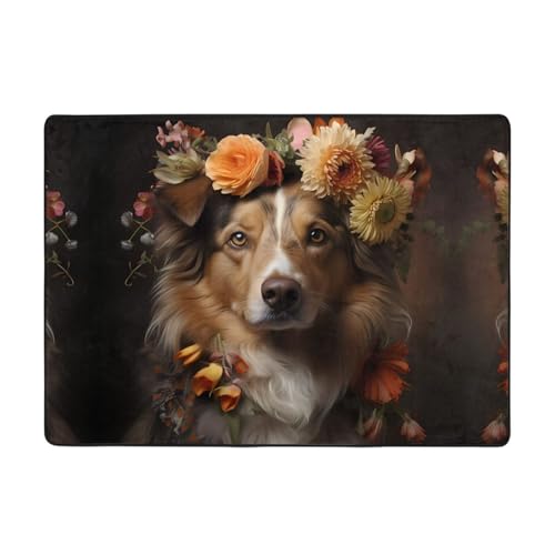 Teppich, Motiv: Hund und Mädchen mit Blumendruck, 203,2 x 147,3 cm, große Fläche, Flanellstoff, Fußmatte für Schlafzimmer, Büro, Badezimmer von LiuMng