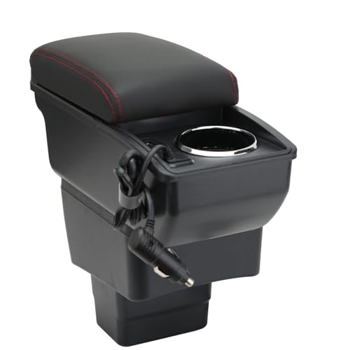 LiuROSE Auto Armlehne Box für Mazda CX-3 2014-2019 Mazda 2 Skyactiv,Leder Mittelarmlehne Schutzhülle Matte wasserdichte Bequem Auto Decor Zubehör,E-with Quick Charging Plug-Red line von LiuROSE