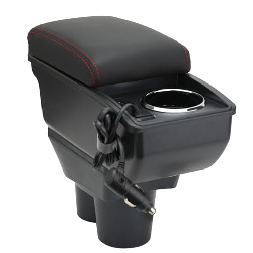 LiuROSE Auto Armlehne Box für Opel Corsa E 2014-2018,Leder Mittelarmlehne Schutzhülle Matte wasserdichte Bequem Auto Decor Zubehör,E-with Quick Charging Plug-Red line von LiuROSE