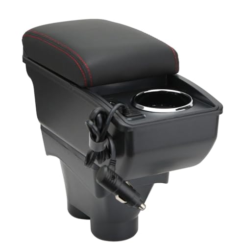 LiuROSE Auto Armlehne Box für Peugeot 208 2012-2018,Leder Mittelarmlehne Schutzhülle Matte wasserdichte Bequem Auto Decor Zubehör,E-with Quick Charging Plug-Red line von LiuROSE