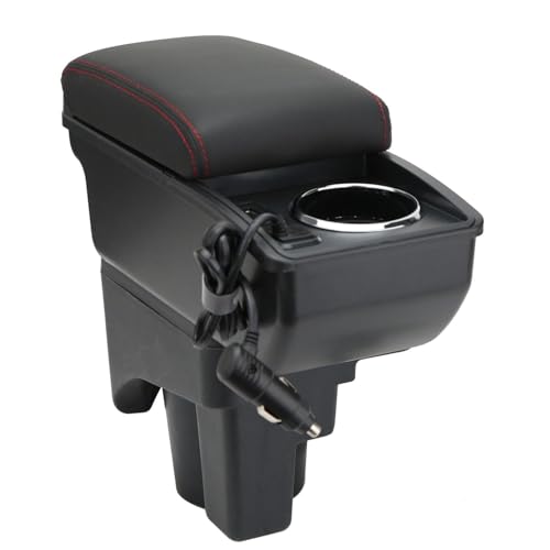 LiuROSE Auto Armlehne Box für VW Golf 6 Golf 5,Leder Mittelarmlehne Schutzhülle Matte wasserdichte Bequem Auto Decor Zubehör,E-with Quick Charging Plug-Red line von LiuROSE
