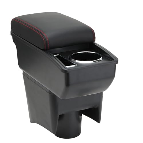 LiuROSE Auto Armlehne Box für VW Polo Mk5 6R Vento 2010-2018,Leder Mittelarmlehne Schutzhülle Matte wasserdichte Bequem Auto Decor Zubehör,D-with Card Slot-Red line von LiuROSE