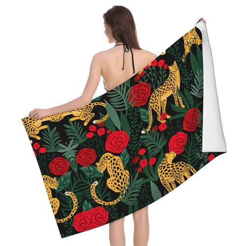 Saugfähiges Mikrofaser-Badetuch mit Leoparden- und Rosenmotiv Saugfähiges Mikrofaser-Badetuch mit Leoparden- und Rosenmotiv von Liulannq