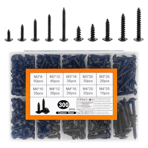 300 STK Blechschrauben Selbstschneidende Schrauben Metall, M3 M4 Tellerkopfschrauben Schwarz,Flachkopfschrauben Linsenkopfschrauben Holzschrauben Set Karosserieschrauben Set,Bohrschrauben Sortiment von Liuliushun