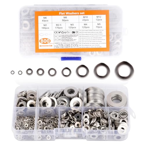 800 Stück Unterlegscheiben Set Edelstahl, Flach Metallscheiben Beilagscheiben Sortiment, Sicherungsscheiben, M2 M2.5 M3 M4 M5 M6 M8 M10 M12 Unterlegscheiben für Schrauben(9 Größen) von Liuliushun