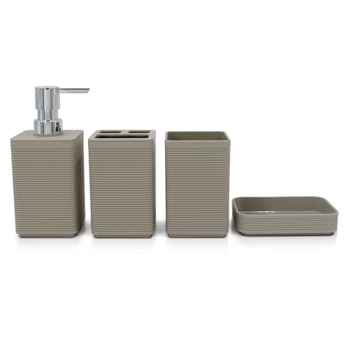 Liuonnam Badezimmer-Zubehör-Set, 4-teiliges Kunststoff-Geschenkset mit Zahnbürstenhalter, Zahnputzbecher, Seifenspender, Seifenschale (braun) von Liuonnam