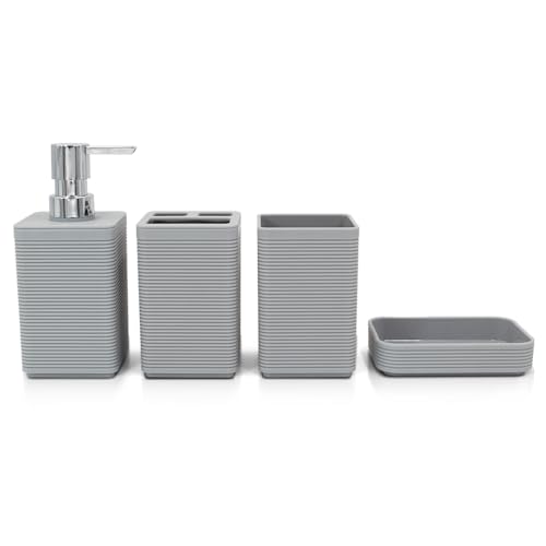 Liuonnam Badezimmer-Zubehör-Set, 4-teiliges Kunststoff-Geschenkset mit Zahnbürstenhalter, Zahnputzbecher, Seifenspender, Seifenschale (grau) von Liuonnam