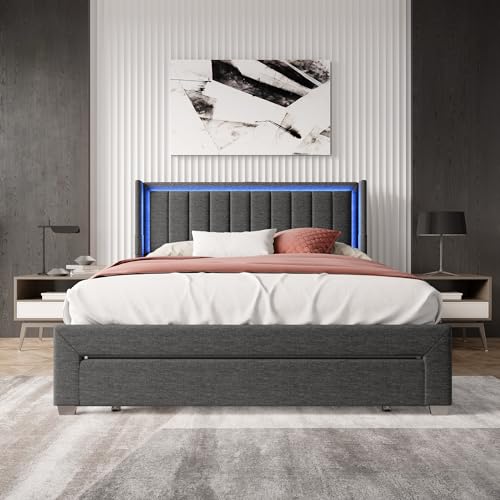 Liuyoyo Bettkasten mit Aufbewahrungsschubladen, Doppelbett mit USB- und Typ-C-Anschluss, gepolsterter Rahmen mit Lattenrost, Dunkelgrau (140 x 200 cm) von Liuyoyo