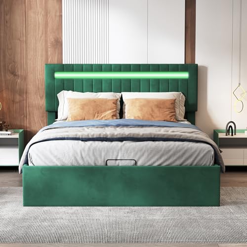 Liuyoyo Polsterbett, Doppelbett, aus grünem Samt mit LED-Licht, hydraulisch mit Stauraum unter dem Bett, Lattenrost aus Holz, Grün (140 x 200 cm) von Liuyoyo