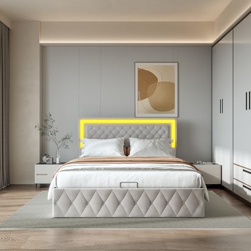 Liuyoyo Polsterbett, Doppelbett aus Samt mit LED-Beleuchtung, getuftetes Design, hydraulisch mit Stauraum unter dem Bett, Lattenrahmen aus Holz (Beige, 140 x 200 cm) von Liuyoyo
