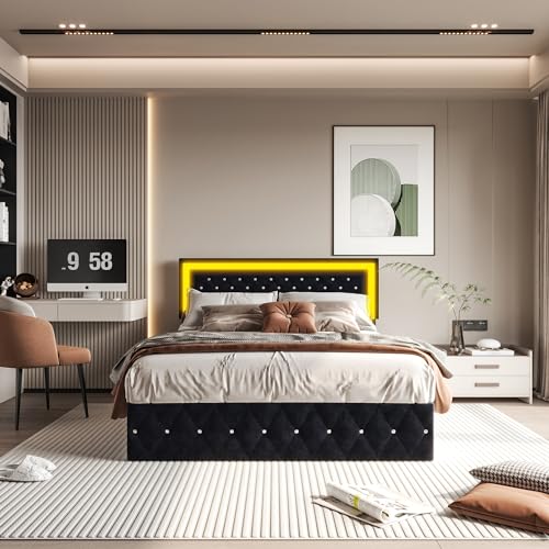 Liuyoyo Polsterbett, Doppelbett aus Samt mit LED-Beleuchtung, getuftetes Design, hydraulisch mit Stauraum unter dem Bett, Lattenrahmen aus Holz (Schwarz, 140 x 200 cm) von Liuyoyo