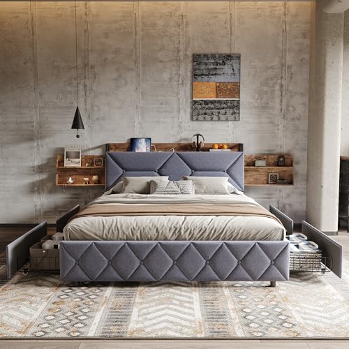 Liuyoyo Polsterbett 140x200 cm Doppelbettrahmen mit 4 Schubladen,Stauraumbett mit ergonomische Rückenlehne,ausziehbarer Stauraum am Kopfende des Bettes,Jugendbett,Stahl- und Holzbett,Grau Liuyoyo Polsterbett 140x200 cm Doppelbettrahmen mit 4 Schubladen,Stauraumbett mit ergonomische Rückenlehne,ausziehbarer Stauraum am Kopfende des Bettes,Jugendbett,Stahl- und Holzbett,Grau von Liuyoyo