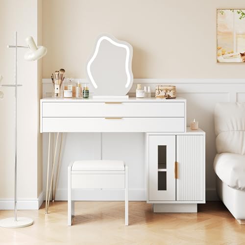 Liuyoyo Toilettentisch mit LED-beleuchtetem Spiegel, Weißes Toilettentisch-Set mit ausziehbarem Design, moderner Toilettentisch für das Schlafzimmer, 100 x 78 x 40 cm (ohne Hocker) (A) von Liuyoyo