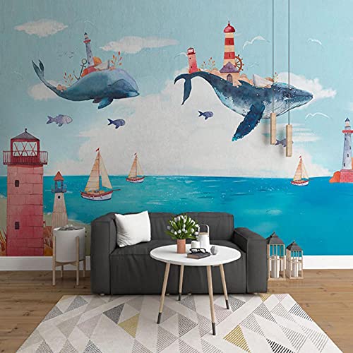 Nordic Cartoon Tapete Wandbild handbemalt Meer Ozean Wal Schloss Kinderzimmer Schlafzimmer Hintergrund Tapeten-400cmx280cm von Liuzhou