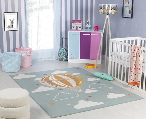 Livabliss Heissluftballon Kinderteppich - Cartoon Teppich 140x200 cm, Tier Teppich Kinderzimmer oder Babyzimmer, Krabbelteppich oder Spielteppich - Babymatte für Jungen & Mädchen, Blaugrüne von Livabliss