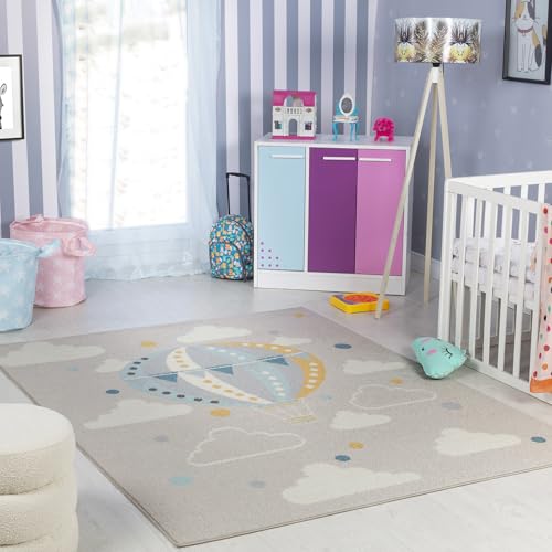 Livabliss Heissluftballon Kinderteppich - Cartoon Teppich 160x213 cm, Teppich Kinderzimmer oder Babyzimmer, Krabbelteppich oder Spielteppich - Baby Teppich für Jungen & Mädchen, Grau von Livabliss