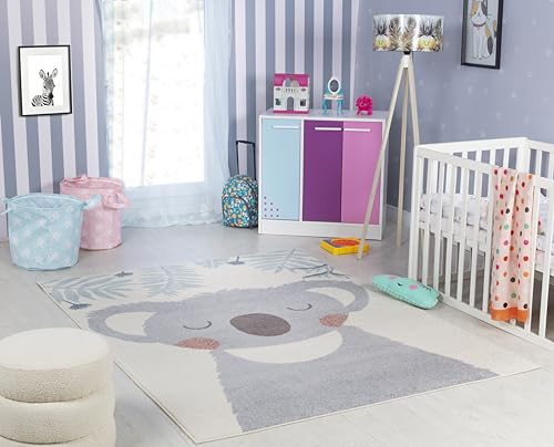 Livabliss Koala Kinderteppich - Cartoon Teppich 160x213 cm, Tier Teppich Kinderzimmer oder Babyzimmer, Krabbelteppich oder Spielteppich - Baby Teppich für Jungen & Mädchen, Elfenbein und Grau von Livabliss