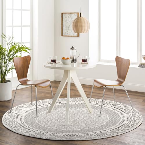 Livabliss Monaco Teppich Wohnzimmer Boho, Rund großer Teppich Schlafzimmer 160 cm - Teppich für Esszimmer mit geometrischem Muster, Skandinavischer Wohnzimmerteppich modern in Beige, Holzkohle Grau von Livabliss