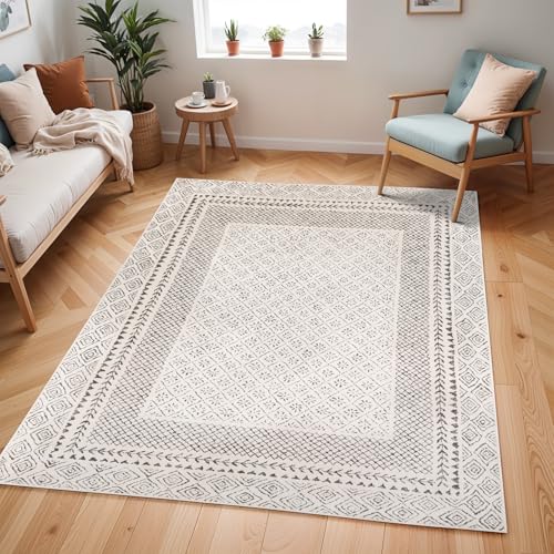 Livabliss Monaco Teppich Wohnzimmer Boho, großer Teppich Schlafzimmer 80x150 cm - Teppich für Esszimmer mit geometrischem Muster, Skandinavischer Wohnzimmerteppich modern in Beige, Holzkohle Grau von Livabliss