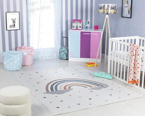 Livabliss Regenbogen Kinderteppich waschbar - Cartoon Teppich 160x213 cm, Waschbarer Teppich Kinderzimmer oder Babyzimmer, Krabbelteppich oder Spielteppich - Baby Teppich für Jungen & Mädchen, Creme von Livabliss