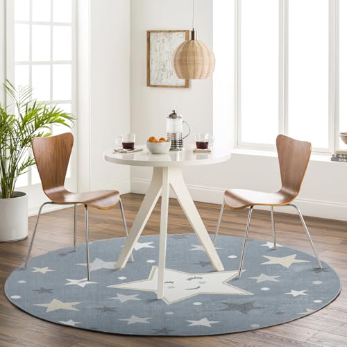 Livabliss Sterne Kinderteppich waschbar - Cartoon Teppich 160x160 cm, Waschbarer Teppich Kinderzimmer oder Babyzimmer, Krabbelteppich oder Spielteppich - Babymatte für Jungen & Mädchen, Blau und Grau von Livabliss