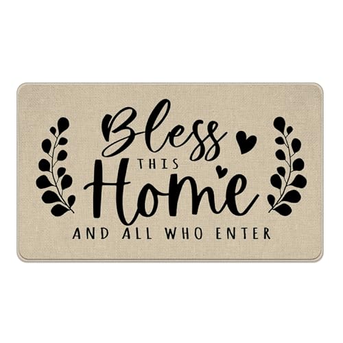 Livcoz Bless This Home and All Who Enter, dekorative Haustürmatte, Bauernhaus-Willkommens-Fußmatte, für drinnen und draußen, rutschfester Bodeneingangsteppich, flaches Profil, rustikale von Livcoz