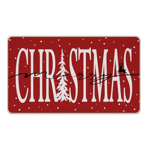 Livcoz Fußmatte mit Aufschrift "Merry Christmas", Rot, Motiv: Weihnachtsbaum, Schnee, Rentier, dekorativer Fußmatte, rutschfester Bodeneingangsteppich, Winterurlaub, Innen- und Außenbereich, Zuhause von Livcoz