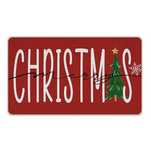 Livcoz Fußmatte mit Aufschrift "Merry Christmas", Weihnachtsbäume, Schneeflocke, dekorativer Fußmatte, rutschfester Bodeneingangsteppich, Winterurlaub, Innen- und Außenbereich, Zuhause, Küche von Livcoz