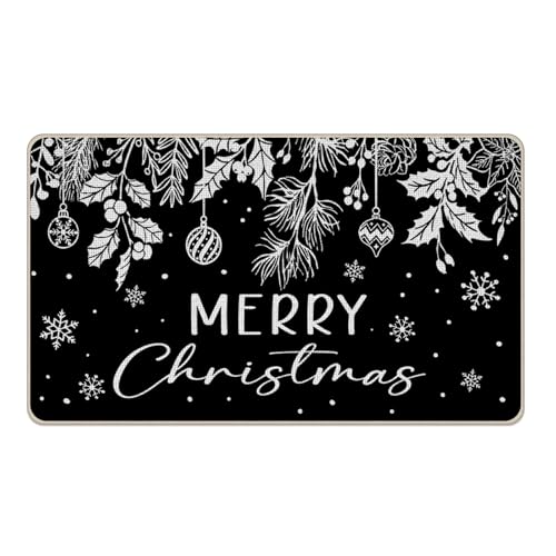 Livcoz Fußmatte mit Aufschrift "Merry Christmas", Weihnachtsblätter, Kugeln, Schneeflocke, dekorativer Fußmatte, rutschfester Bodeneingangsteppich, Winterurlaub, Innen- und Außenbereich, Zuhause von Livcoz