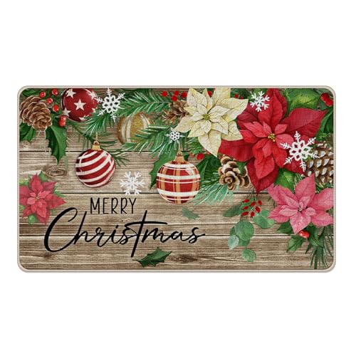 Livcoz Fußmatte mit Aufschrift "Merry Christmas", Weihnachtsstern-Motiv, dekorative Fußmatte, rutschfester Bodeneingangsteppich, Winterurlaub, rustikal, für drinnen und draußen, Zuhause, Küche von Livcoz