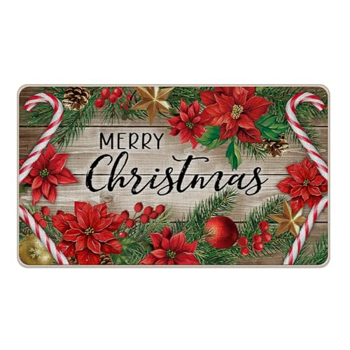 Livcoz Fußmatte mit Aufschrift "Merry Christmas", Weihnachtsstern-Motiv, dekorative Fußmatte mit Zuckerstange, rutschfest, für den Eingangsbereich, Winterurlaub, rustikal, für drinnen und draußen von Livcoz