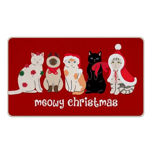 Livcoz Fußmatte mit Aufschrift "Merry Christmas Cats Welcome", rot, weihnachtliche dekorative Fußmatte, rutschfester Bodeneingangsteppich, Haustierbesitzer, Geschenk, Liebhaber, Winterurlaub, Innen von Livcoz