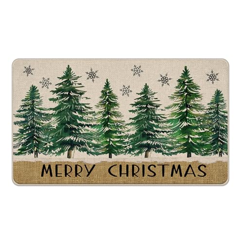 Livcoz Fußmatte mit Aufschrift "Merry Christmas Tree" (in englischer Sprache), Tannenbäume, Bauernhaus, dekorative Fußmatte, rutschfester Bodeneingangsteppich, Winterurlaub, Schneeflocke, Innen- und von Livcoz