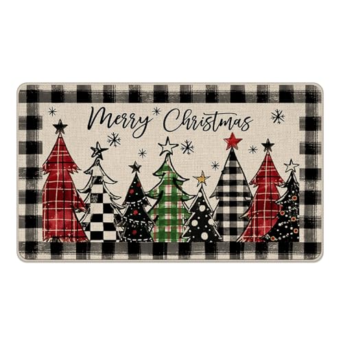 Livcoz Fußmatte mit Aufschrift "Merry Christmas Tree" (in englischer Sprache), Weihnachtsbüffelkariert, Bauernhaus, dekorative Fußmatte, rutschfester Bodeneingangsteppich, Winterurlaub, Innen- und von Livcoz