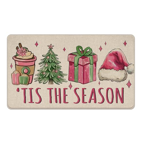 Livcoz Fußmatte mit Aufschrift "Tis The Season Welcome Willkommen", Weihnachtsbaumgeschenk, Weihnachtsmannmütze, Kaffee, dekorative Fußmatte, rutschfester Bodeneingangsteppich, Winterurlaub, Innen von Livcoz