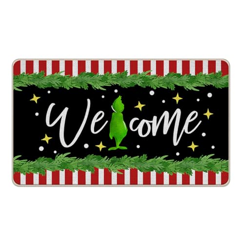 Livcoz Fußmatte mit Aufschrift "Welcome Christmas", lustige grüne Blätter, dekorative Fußmatte, rutschfester Bodeneingangsteppich, Winterurlaub, Innen- und Außenbereich, Zuhause, Küche, Dekoration von Livcoz
