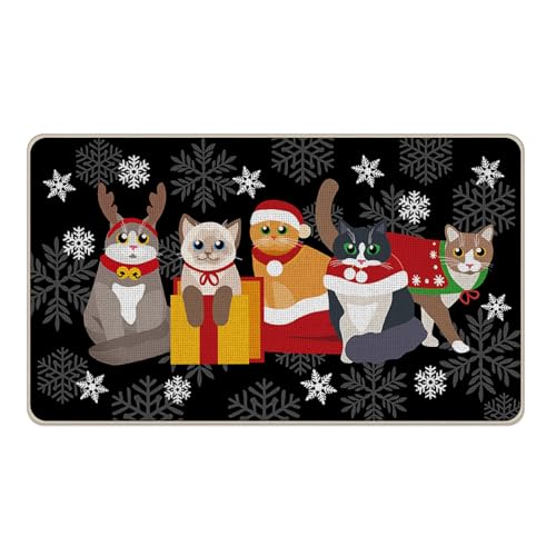 Livcoz Fußmatte mit Weihnachtskatzen-Motiv, schwarz, weihnachtliche dekorative Fußmatte, rutschfester Bodeneingangsteppich, Haustierbesitzer, Geschenk, Liebhaber, Winterurlaub, Schneeflocke, Innen von Livcoz