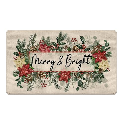 Livcoz Fußmatte mit Weihnachtsstern-Motiv, dekorative Fußmatte mit fröhlichen und hellen Blättern, rutschfester Bodeneingangsteppich, Winterurlaub, Innen- und Außenbereich, Zuhause, Küche, Dekoration von Livcoz