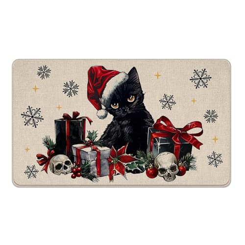 Livcoz Fußmatte mit schwarzer Katze, gruseliges Weihnachtsgeschenk, Totenkopf-Skelett, dekorative Fußmatte, rutschfester Bodeneingangsteppich, Winterurlaub, Innen- und Außenbereich, Zuhause, Küche von Livcoz