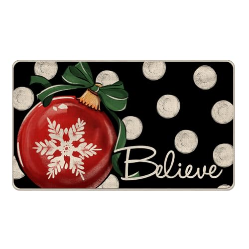 Livcoz Fußmatte mit weihnachtlichem Kugel, Aufschrift "Welcome Love, Xmas Believe", dekorative Fußmatte, rutschfester Bodeneingangsteppich, Winterurlaub, Schneeflocke, für drinnen und draußen, Zuhause von Livcoz