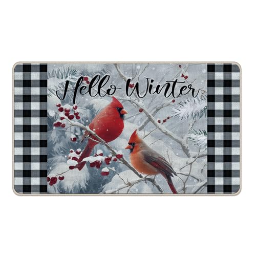 Livcoz Hello Winter Kardinal dekorative Haustürmatte, schneerote Vögel, Zweige, Beeren, Fußmatte für drinnen und draußen, rutschfester Bodeneingangsteppich, Weihnachtsbüffelkaro, Heimküchendekoration von Livcoz