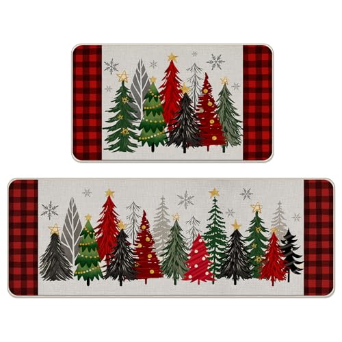 Livcoz Küchenteppich, Motiv: Merry Christmas Tree, Rot, 2 Stück, Weihnachtsbüffelkariert, Schneeflocke, Bodenmatten, Heimdekoration, Winterurlaub, Bauernhaus, Fußmatte, Dekoration, 43,2 x 73,2 cm und von Livcoz