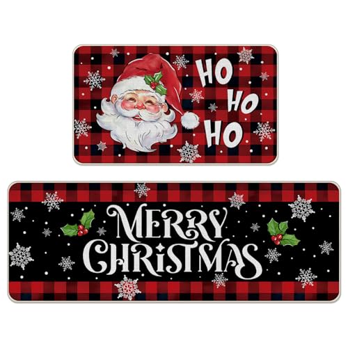 Livcoz Küchenteppich, Weihnachtsmann-Design, Weihnachtsmann-Design, 43,2 x 73,2 cm und 43,2 x 129,2 cm, Rot / Schwarz, kariert, Bauernhaus-Bodenmatten, Heimdekoration, Winterurlaub, Schneeflocke von Livcoz