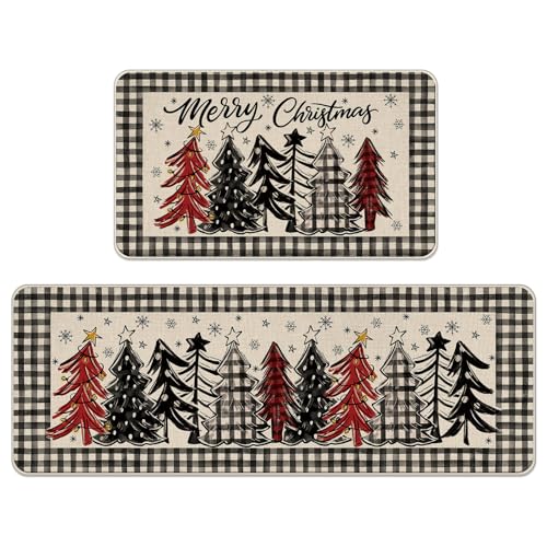 Livcoz Küchenteppich-Set mit Aufschrift "Merry Christmas", 2 Stück, Weihnachts-Kieferbäume, Büffelkariert, Bauernhaus-Bodenmatten, Heimdekoration, Winterurlaub, Schneeflocken-Fußmatte, Dekoration von Livcoz