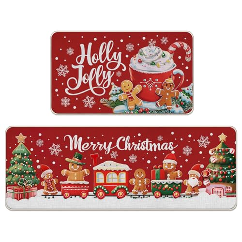 Livcoz Merry Christmas Lebkuchenmann-Küchenteppich, 2er-Set, Jolly Holly Coffee Xmas Tree Train Bodenmatten Home Decor, Winter Schneeflocke Fußmatte Dekorationen – 43,2 x 73,2 cm und 43,2 x 129,2 cm von Livcoz