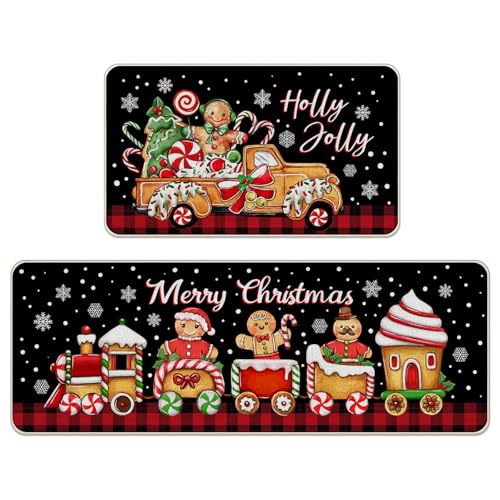 Livcoz Merry Christmas Lebkuchenmann-Küchenteppich, Schwarz, 2 Stück, Weihnachtsbaum, LKW, Zug, Pfefferminzbonbons, Bodenmatten, Heimdekoration, Stechpalme, fröhliche Winterurlaubs-Fußmatte von Livcoz