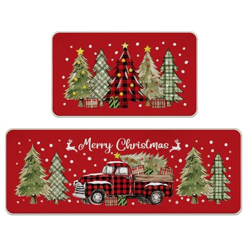 Livcoz Merry Christmas Tree Küchenteppich-Set, rot, Weihnachts-LKW-Büffelkariert, Bauernhaus-Bodenmatten, Heimdekoration, Winter-Punkte, Fußmatte, Dekoration, 43,2 x 73,2 cm und 43,2 x 129,2 cm von Livcoz