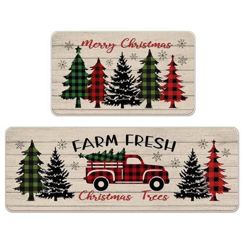 Livcoz Merry Christmas Trees Farmhouse Küchenteppich-Set, 2 Stück, Weihnachts-Bauernhof, frisches Büffelkaro, LKW, Schneeflocke, Bodenmatten, Heimdekoration, Winterurlaub, rustikale Fußmatte von Livcoz