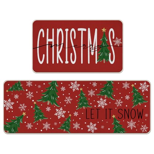 Livcoz Merry Christmas Trees Küchenteppich-Set, Rot, "Let It Snowflake", Fußmatten, Heimdekoration, Winterurlaub, Fußmatte, Dekoration, 43,2 x 73,2 cm und 43,2 x 129,2 cm, Rot von Livcoz